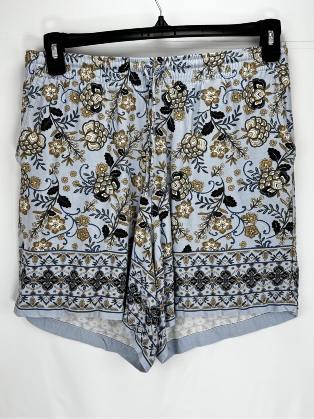 Woven Floral Drawstring Women’s Summer Shorts - Light Blue & Gold